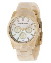 MICHAEL Michael Kors horn-inspired acrylic chronograph watch with bracelet strap and crystal accents. Round dial features crystal markers, three subdials and multi-function movement. Acrylic case and bracelet. Water-resistant to 100 meter.