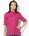 Roll-up sleeves lend casual ease to Lauren by Ralph Lauren's lightweight petite linen shirt finished in a vibrant hue. (Clearance)