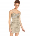 Simply irresistible: a rhinestone-encrusted bodice delivers hollywood style to this ruched minidress from Hailey Logan.
