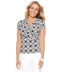 Charter Club's graphic print makes this petite top pop. Wear with flattering white pants and try dressing up with colorful accessories to complement the look. (Clearance)