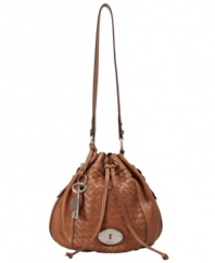 Fossil's Maddox drawstring, in woven leather, is simply stunning with its vintage-inspired details. A classic bucket shape and polished silvertone hardware make this a go-to bag.