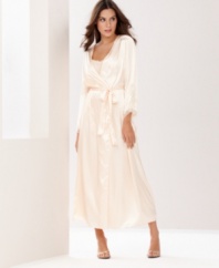 Lacy with sheer trim. Flora Nikrooz's Bellini robe is long and flowy with the prettiest embroidery detail on the sleeves.