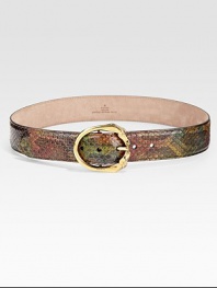 Rainbow python leather embellished with a round horse head buckle with antique gold hardware.About 1.6 wideMade in Italy