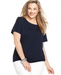 Complete your casual look with Jones New York Signature's cold-shoulder plus size top, finished by a banded hem.