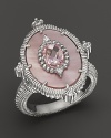 A pink mother-of-pearl and crystal sterling silver ring with white sapphire accents. By Judith Ripka.