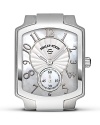Philip Stein® stainless steel rectangular watch head with mother-of-pearl dial. Features single movement, Arabic numbers and a polished crown. Fits 18 mm-Size 1 straps.