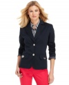 Give your outfit a stylish pop of preppy with this petite blazer by Jones New York Signature. Cuff the sleeves to reveal a charming polka dot print lining!
