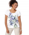 The petite cotton tee gets pumped up with printed floral graphic and bejeweled embellishment, from Karen Scott.