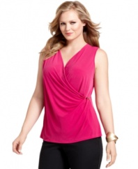 A draped front lends an ultra-flattering look to Calvin Klein's sleeveless plus size top-- wear it alone or as a layer.