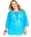 A dazzling embellished front beautifies J Jones New York's three-quarter-sleeve plus size tunic top-- pair it with your go-to causal bottoms for a chic look.