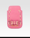 Studs, rhinestones and a sweet bow adds interest to this leather iPhone® cover.Embellished leather3W X 5H X ¼DMade in ItalyPlease note: iPhone® not included.