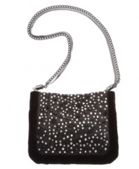 Go for glam with this bejeweled shoulder bag from BCBGeneration. A luxe velvet trim and bold double chain shoulder straps add just enough edge to this rocker-chic look.