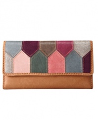 Lovely multicolored panels adorn this chic flap clutch from Fossil.