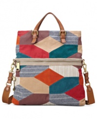 Give your look a veritable vintage feel with this travel-ready Explorer from Fossil. Colorful patchwork, over-sized zipper pulls and ample interior make this design undecidedly unique.