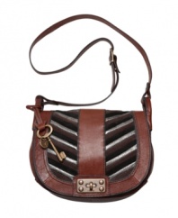 Multicolored angled leather patchwork embellishes this burnt-edge flap crossbody bag from Fossil with a high-energy vintage vibe. Silver stripes add modern edge.