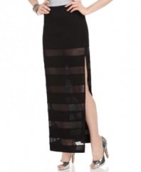 GUESS? teams sheer stripes with daringly high side slits on Virtue: an ultra-sexy maxi skirt designed to stir up trouble!