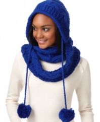 Collection XIIX has your cold weather needs covered. Loop on this infinity scarf, pull up the hood, tie the pom poms in a bow and head out snug as a bug.