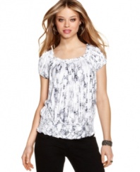 Cute is the name of the game with this Sequin Hearts' top -- a combo of blouson style and eye-catching sublimation print!
