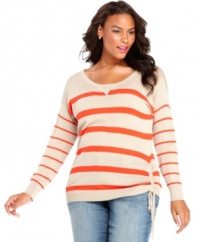 Standout in stripes this season with DKNY Jeans long sleeve plus size sweater, finished by a ruched hem.