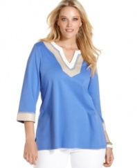 Acquire a polished casual look with Charter Club's three-quarter sleeve plus size tunic top, finished by a colorblocked design.