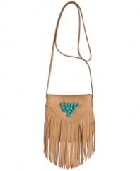 Discover you inner hippie-chic with this fun fringe crossbody by Lucky Brand. Coral and turquoise stones adorn the silhouette in a diamond shaped pattern, while decorative stitching adds extra allure.