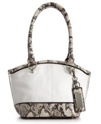 Upgrade any summer ensemble instantly with this breezy, contemporary carryall from Tiganello. Sumptuous soft leather is adorned with an array of chic details, such as posh python print, shiny silver-tone hardware and signature key chain, while plenty of pockets and compartments organize the interior.