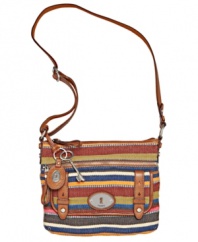 Outfitted in a unique, colorful print with vintage-inspired details, this irresistible crossbody from Fossil is the silhouette of the season. Polished silver-tone hardware and soft, pebbled leather accent the exterior, while plenty of pockets and compartments organize the inside.