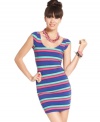 Leave the boys speechless in this body-hugging dress from Material Girl that teams Crayola-bright stripes with a low, scooping back!