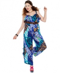 Get the party started with Baby Phat's sleeveless plus size jumpsuit, spotlighting a vibrant print and belted waist.