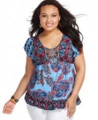 Flaunt your fluency in chic, global style with this plus size top from One World! An exotic print and empire waist design creates a comfy-chic union on a piece suited for balmy days!