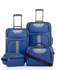 Find your next adventure with this sporty luggage set from American Explorer. Each piece -- from expandable upright to handy toiletry kit -- is designed to lead to you exciting new places, packed with everything you need to make the most of your journey. Three-year warranty.