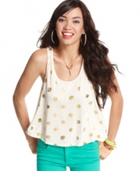 An explosion of metallic polkadots brings this swingy Material Girl tank to life! Rock the top with bright skinny jeans and accessories that make a fashion statement!