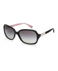 A striking design with gradient, oversized lenses, colorful graphic accents and intricate logo detailing, including a distinctive kissing Cs motif at the temple-part of a new collection crafted by a premier luxury eyewear house exclusively for Coach. Coach lenses provide state-of-the-art sun protection, blocking 100% of the sun's harmful ultraviolet rays.