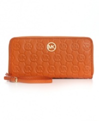 A timeless style that will remain gorgeous for seasons to come. This embossed monogram wallet from MICHAEL Michael Kors will keep you organized and fabulous with plenty of interior features and shiny 18K goldtone detailing.