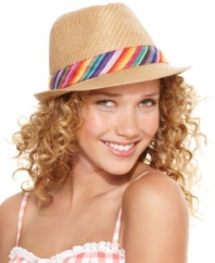 A playful take on a classic style: this straw fedora from American Rag adds a cute touch with a bright rainbow band.