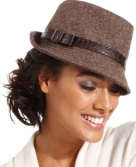 A classic menswear style gets a fresh, feminine look with this must-have fedora from Nine West. Traditional tweed is accented with a faux croc-embossed leather band that adds just the right touch of everyday chic.