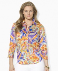 A vibrant paisley pattern lends a colorful, modern update to this classic plus size shirt from Lauren by Ralph Lauren, tailored for a smooth hand in crisp cotton broadcloth.