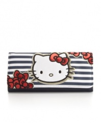 Stripes and kitties and bows, oh my! This oh-so lovable wallet by Hello Kitty features a trifold design with applique and metallic detail. Adorable bow accents on inside complete this too-cute style.