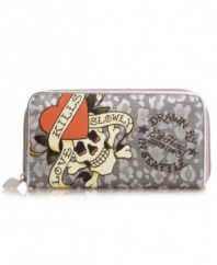 Make a statement with this bold wallet design by Ed Hardy. A skull, crossbones and heart graphic decorates front of wallet with a metallic leopard print background.