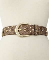 Get fierce with this gorgeous belt by GUESS! Featuring metal studs and rhinestone detail with a large, eye-catching buckle.