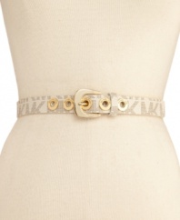 With metallic grommet detail, this MICHAEL Michael Kors belt showcases golden shimmer and logo love.