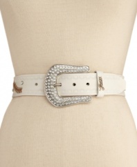 Viva GUESS glam! This fabulous metallic leather belt flaunts rhinestone and embossed detail for non-stop fashion.