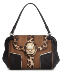 A classic satchel silhouette from GUESS gets a mod update with a dramatic center turnlock and leopard print piping. Perfectly organized interior neatly stores your wallet, phone, keys and all other travel essentials.
