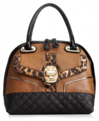 A classic perfect prêt-à-porter silhouette gets an edgy upgrade with leopard print accents, shiny golden hardware and quilted pattern detailing. Signature front lock adds extra allure, while plenty of pockets align the spacious interior.