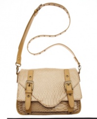 Slither up to great style with this embossed snakeskin print crossbody from KDNY by Kelsi Dagger. Antique brass hardware and bold front buckles add eye-catching appeal to this unique design.