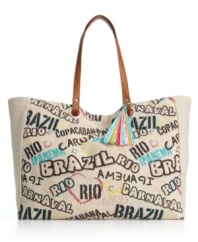 Set summer on fire with this ultra cool tote inspired by Brasil. A colorful graphic print front and multi-hue tassel charm give this design the perfect beach-ready appeal.