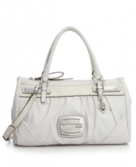 Keep things chic and sleek with this classic satchel design from GUESS. With shiny silvertone hardware and a subtle signature plaque at front, this versatile style will quickly become your everyday fave.