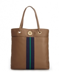 Chic pebbled leather and high-shine goldtone hardware add posh appeal to this gorgeous Tommy Hilfiger style. With a signature center striped detail and a tote-able shape, this style will become a staple in your collection.