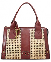 Made with unique natural bamboo caning and trimmed in sumptuous leather, this classic satchel silhouette from Fossil has an unmistakable '70s-inspired vibe. Spacious interior with plenty of compartments holds your day-to-day necessities with ease.