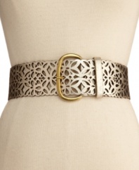 This wide Steve Madden belt lends elegant chic to your closet. Intricate cut-out detail and a large, oval buckle recall vintage style.